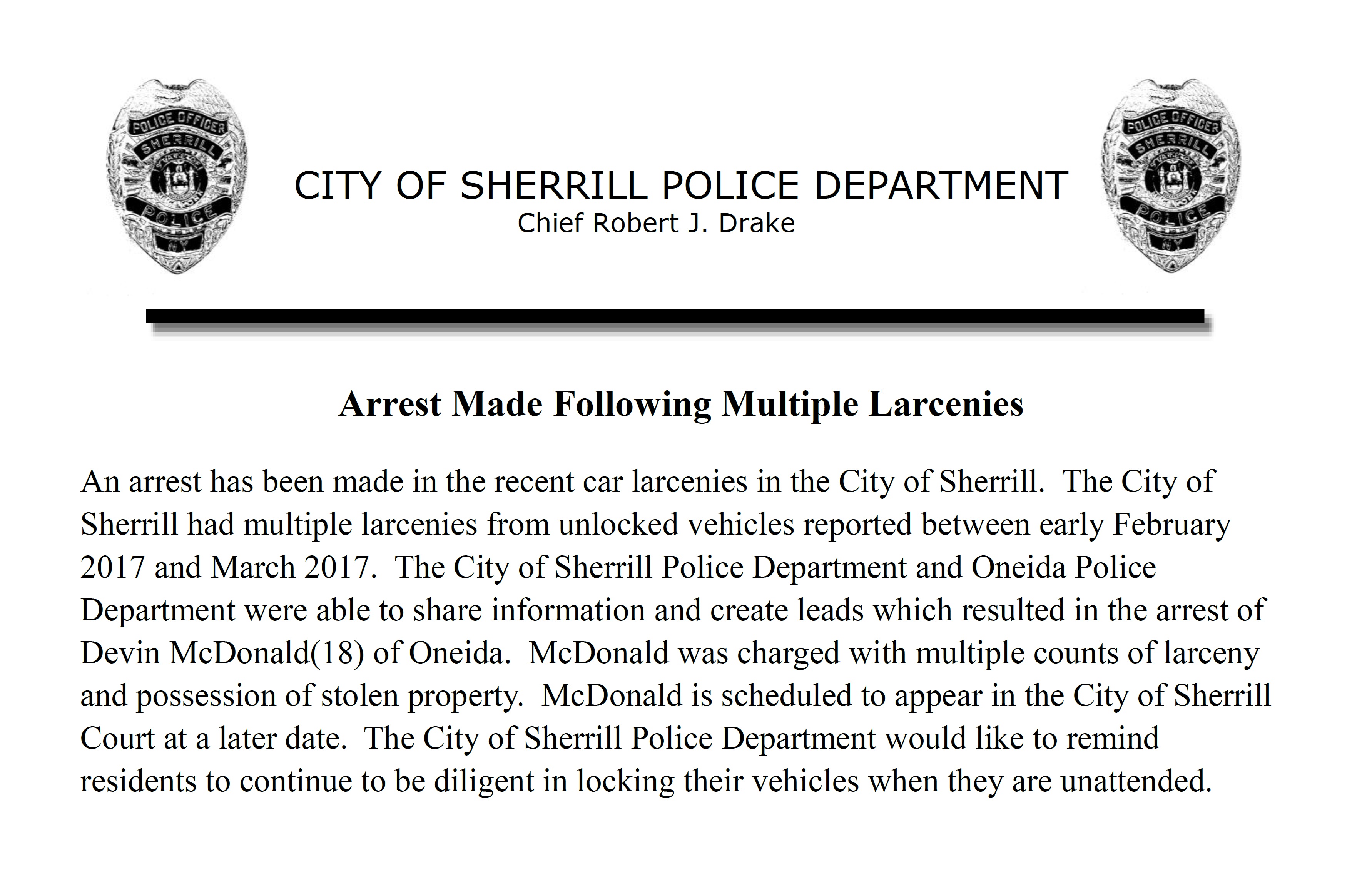 Police Department Press Release